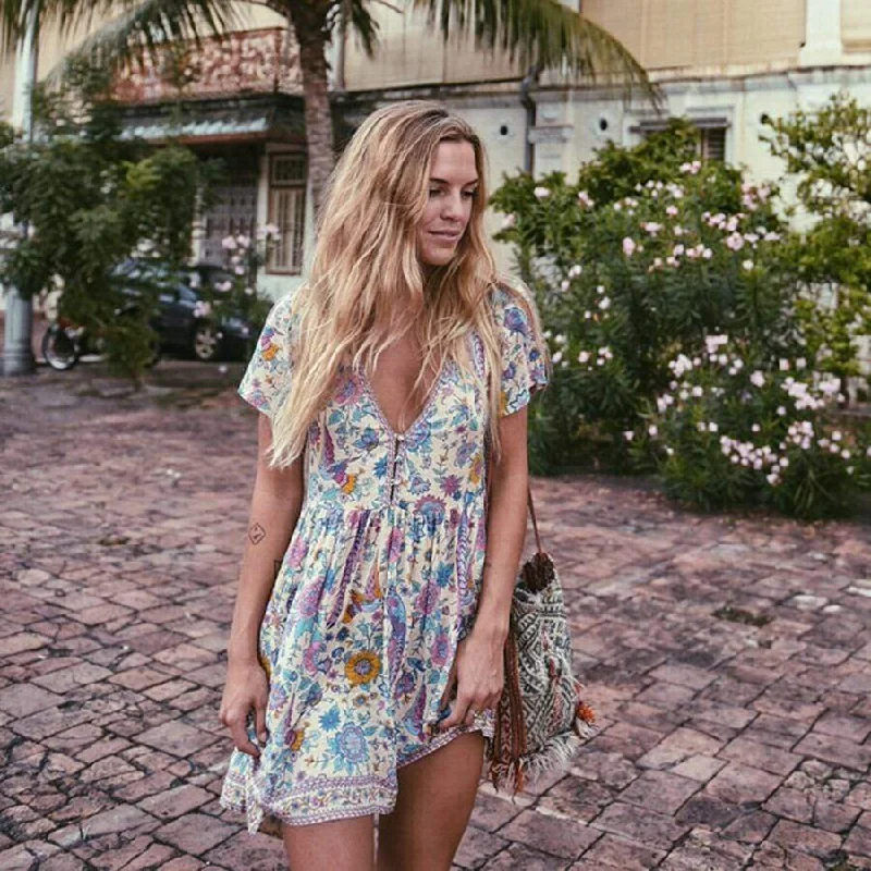 Boho Vintage Floral Print Mini Dress Elegant Vintage Mini Dress