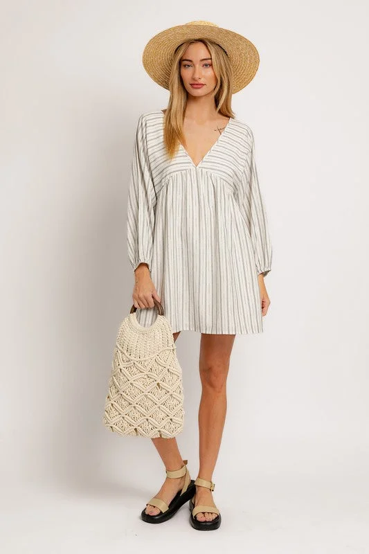 Bon Voyage Striped Cotton Long Sleeve Mini Dress Trendy Cut-Out Mini Dress