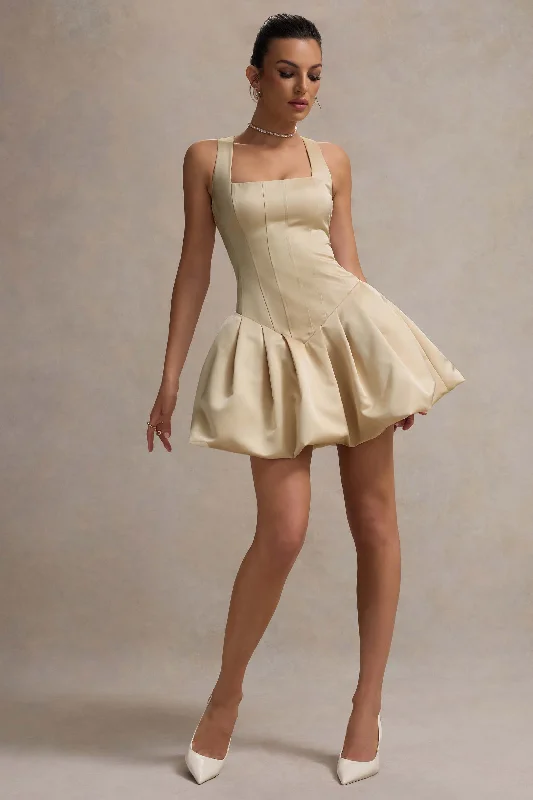 Bramble | Ivory Satin Square-Neck Puffball Mini Dress Fashionable Mini Dress with Slits