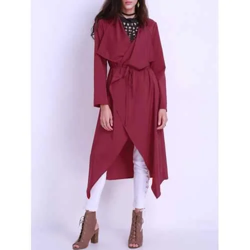 Pure Color Duster Jacket With Belt Denim Fabric Leather Fabric Suede Fabric