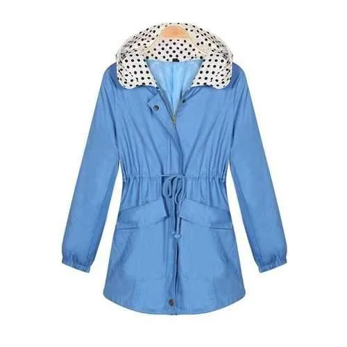 Casual Women Double Pocket Zipper Long Sleeve Hooded Windbreaker Jacket A-Line Jacket Boat Neck Shawl Collar