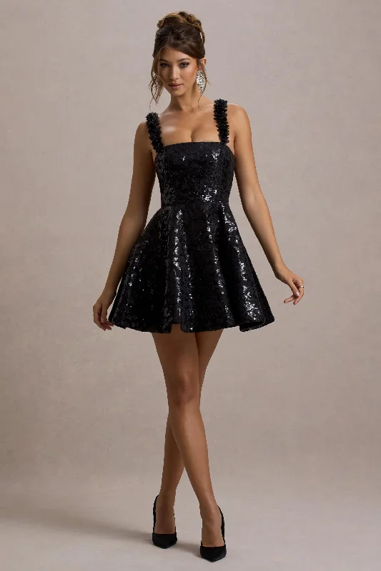 Carena | Black Sequin Lace Floral Skater Mini Dress Comfortable Shift Mini Dress