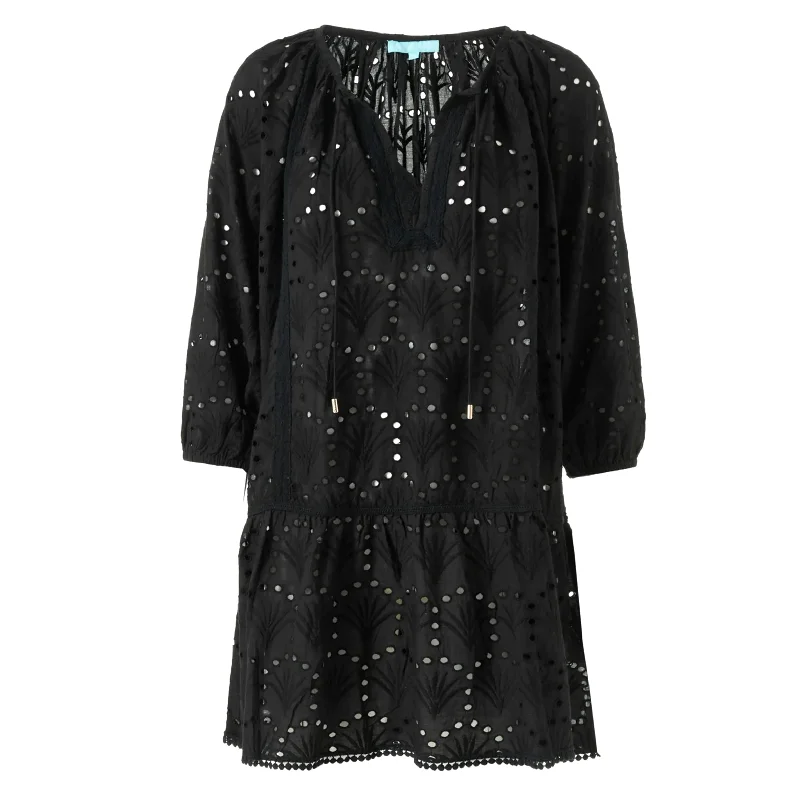 Cotton Mini Dress With Eyelet Detail in Black - Ashley Kaftan Black Stylish Short Sleeve Mini Dress