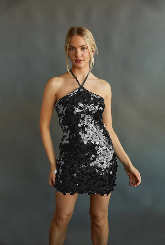 Elana Sequin Halter Bodycon Mini Dress Classic Black Mini Dress
