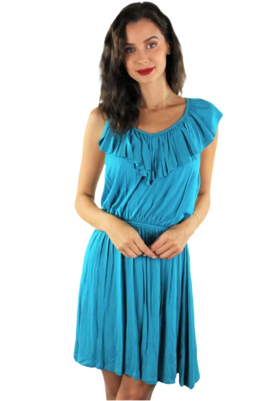Women's Elastic Waist Mini Dress with Ruffle Lining Fashionable Denim Mini Dress