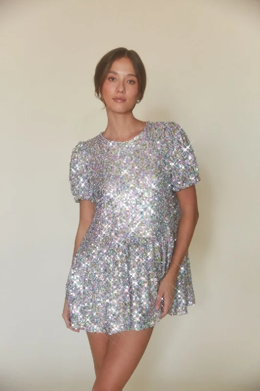 Elika Puff Sleeve Sequin Babydoll Mini Dress Elegant Vintage Mini Dress