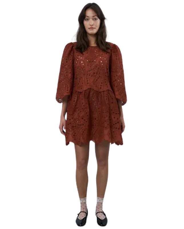 Embroidered Mini Dress Brown Elegant Velvet Mini Dress