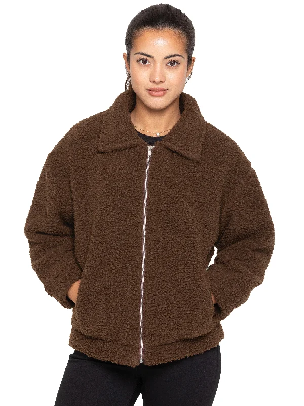 Enzo | Womens Borg Jacket Boat Neck Shawl Collar Notched Collar