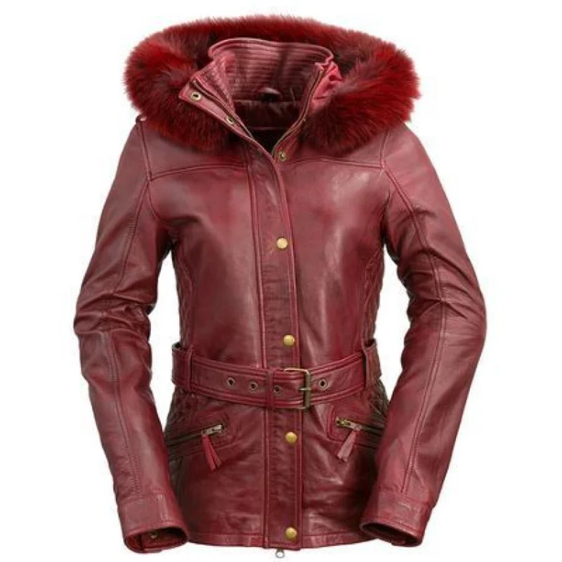 First Manufacturing Elle - Motorcycle Leather Jacket w/ Fox Fur Collar Ribbed Jacket Pleated Jacket Ruffled Jacket First Manufacturing Elle - Motorcycle Leather Jacket w/ Fox Fur Collar Ribbed Jacket Pleated Jacket Ruffled Jacket