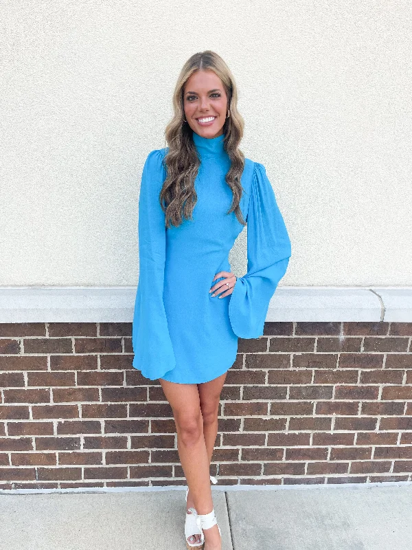 Flare Sleeve Mini Dress// Blue Casual Button-Up Mini Dress