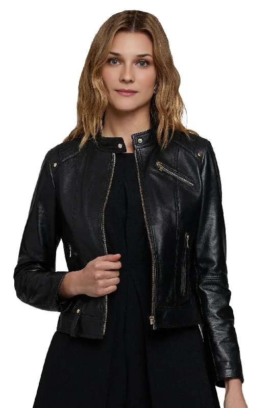Florance Black Leather Jacket For Women Collared Jacket Crew Neck Jacket Turtle Neck Jacket