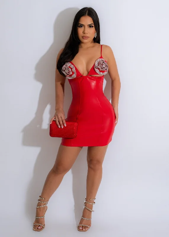 Flowers Diamonds Faux Leather Mini Dress Red Trendy Camisole Mini Dress