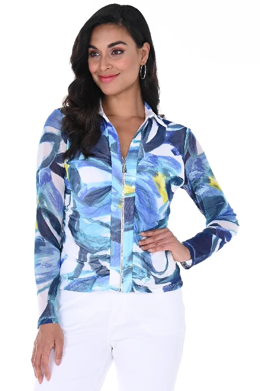 Frank Lyman 246397 Royal Blue White Print Zip Front Jacket Oversized Jacket Tailored Jacket Straight Jacket