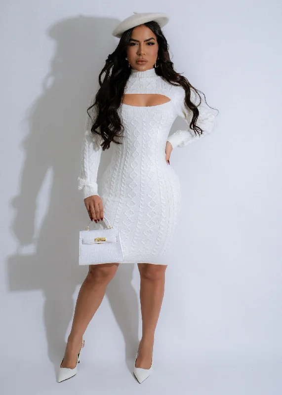 Frosted Grace Knit Mini Dress White Cozy Cowl Neck Mini Dress