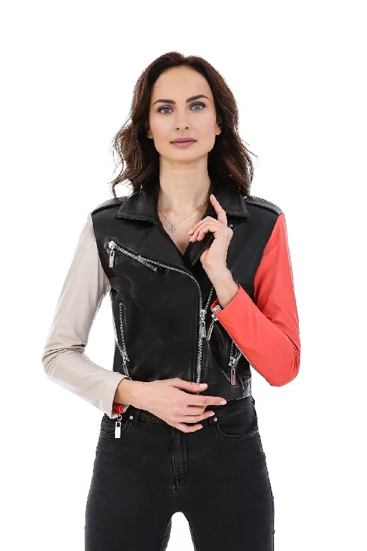 Gabriella Women Black Leather Jacket With Stylish Sleeves Knit Fabric Woven Fabric Fleece Fabric