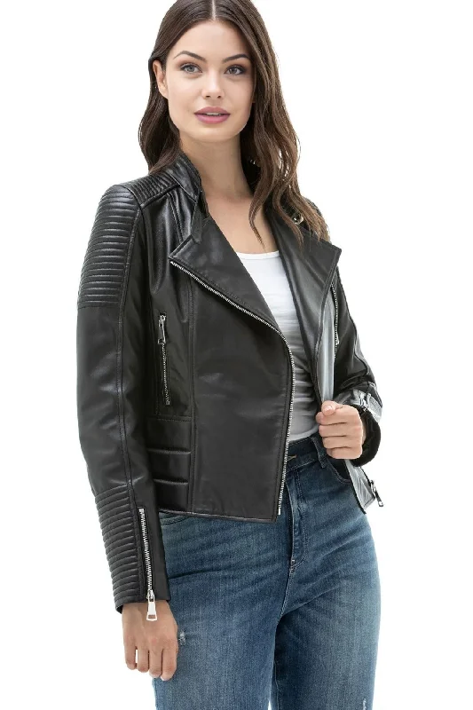 Gianna Sheepskin Black Leather Jacket For Women Satin Jacket Silk Jacket Chiffon Jacket