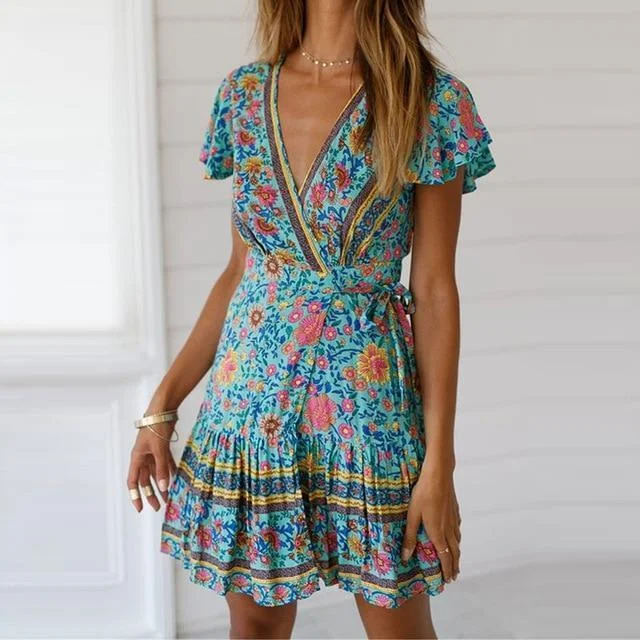 Green Boho Floral Print Mini Dress Stylish Spaghetti Strap Mini Dress