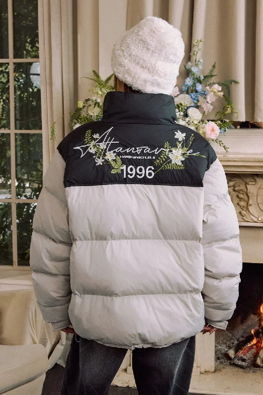 Handwritten Floral Embroidered Puffer Jacket Denim Fabric Leather Fabric Suede Fabric