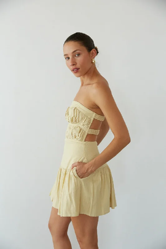 Indie Strapless Open Back Linen Mini Dress Cozy Cowl Neck Mini Dress