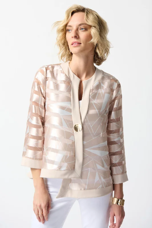 Joseph Ribkoff 242170 2934 Taupe Sheer Stripe One Button Jacket Notch Collar Jacket Peter Pan Collar Jacket Cowl Neck Jacket