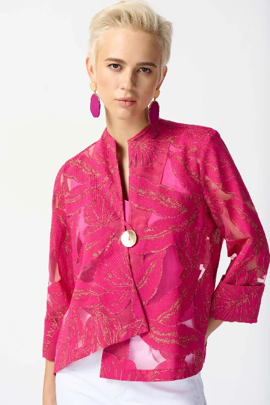 Joseph Ribkoff 242219 Pink Gold Jacquard Tropical Print Swing Jacket Oversized Jacket Tailored Jacket Straight Jacket