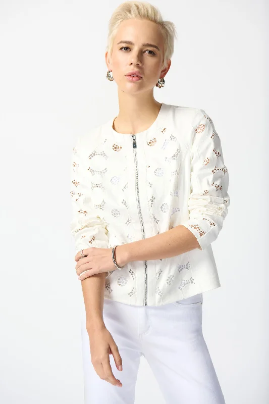 Joseph Ribkoff 242907 Vanilla Jacket With Laser Cut Leatherette Nylon Jacket Polyester Jacket Spandex Jacket