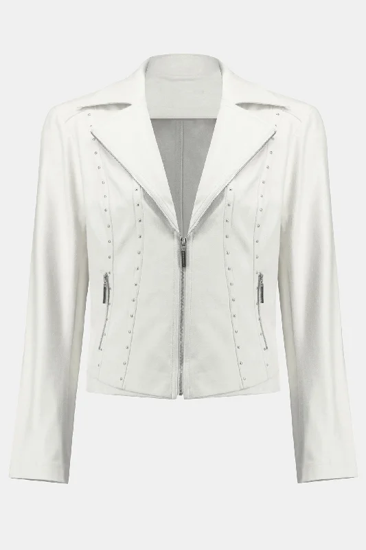 Joseph Ribkoff 242908 Vanilla Fitted Zip Front Stud Jacket Denim Fabric Leather Fabric Suede Fabric