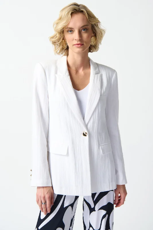 Joseph Ribkoff 242913 White Crinkle One Button Blazer Jacket Denim Fabric Leather Fabric Suede Fabric Joseph Ribkoff 242913 White Crinkle One Button Blazer Jacket Denim Fabric Leather Fabric Suede Fabric