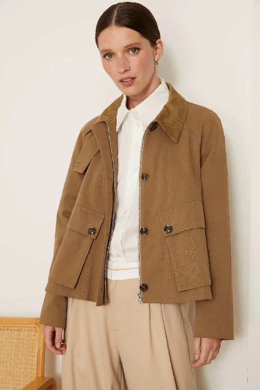 Jovonna Bessa Khaki Green Zip & Button Front Flared Jacket Appliqued Jacket Beaded Jacket Sequined Jacket