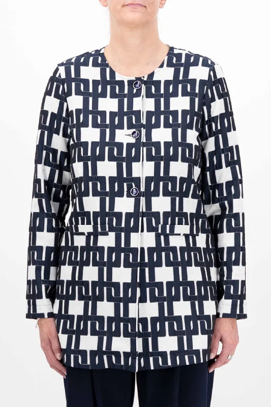 Just White J3802 756 Navy Jacquard Geometric Pattern Jacket Denim Jacket Leather Jacket Suede Jacket