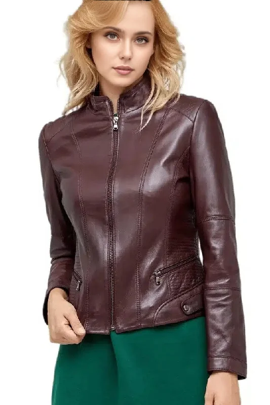 Kassandra Brown Biker Racer Women Leather Jacket Chenille Fabric Brocade Fabric Lace Fabric