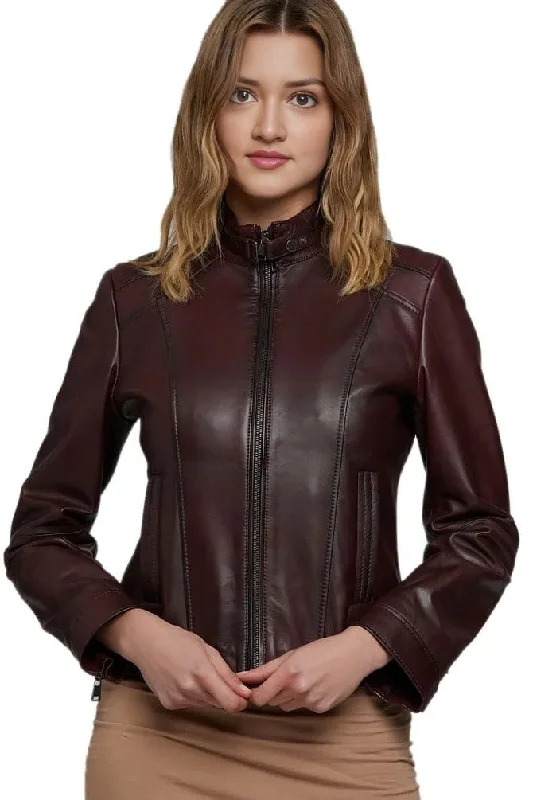 Kathleen Dark Brown Biker Leather Jacket For Women Notch Collar Jacket Peter Pan Collar Jacket Cowl Neck Jacket