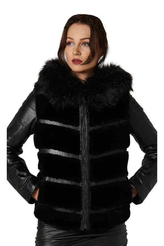 Kinsley Black Women Front Fur Leather Jacket With Hood Boat Neck Shawl Collar Notched Collar Kinsley Black Women Front Fur Leather Jacket With Hood Boat Neck Shawl Collar Notched Collar
