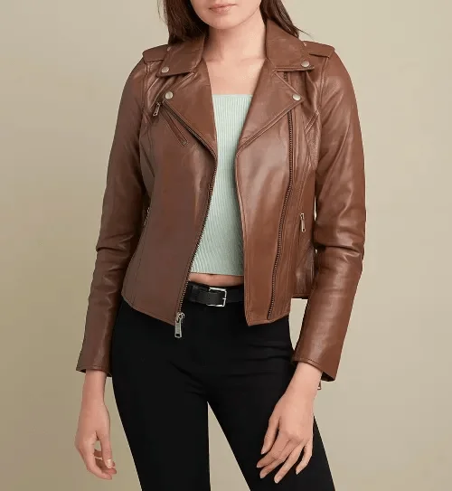 Womens Light Brown Leather Biker Jacket Quilted Jacket Puffer Jacket Insulated Jacket