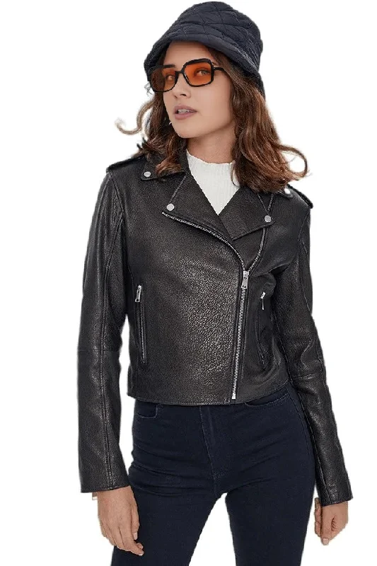 Linda Black Short Leather Jacket For Women Cardigan Sweater Pullover