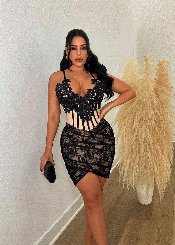 Love Couple Lace Bandage Mini Dress Black Cozy Knit Mini Dress
