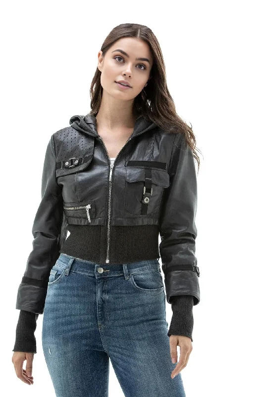 Lydia Black Women Bomber Short Hoodie Leather Jacket Striped Jacket Polka Dot Jacket Floral Jacket