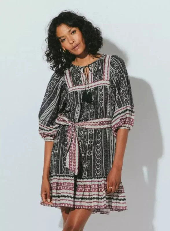 Magdalena Mini Dress Stripe Block Print Fashionable Lace-Trim Mini Dress