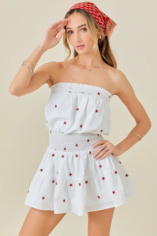 Mays Embroidered Red Star Romper Mini Dress Fashionable A-Line Mini Dress