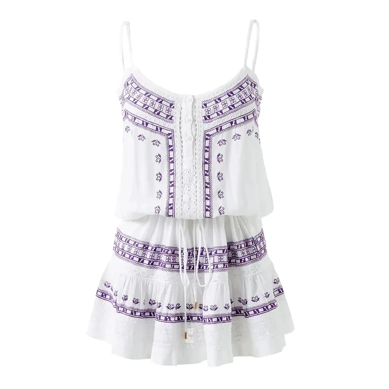 Embroidered White Mini Dress - Karen Dress in Violet/White Casual V-Neck Mini Dress