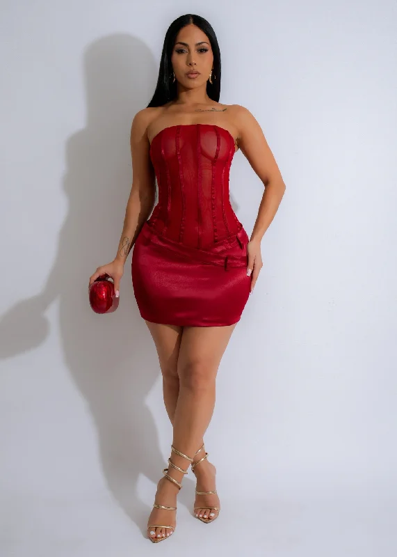 Midnight Veil Corset Satin Mini Dress Red Comfortable Off-Shoulder Mini Dress