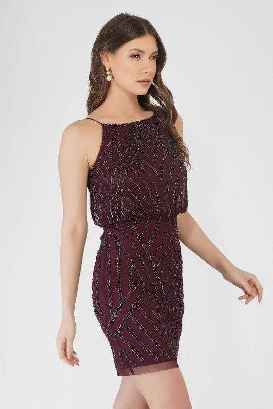 Mina Embellished Mini Dress in Burgundy Elegant Lace Mini Dress