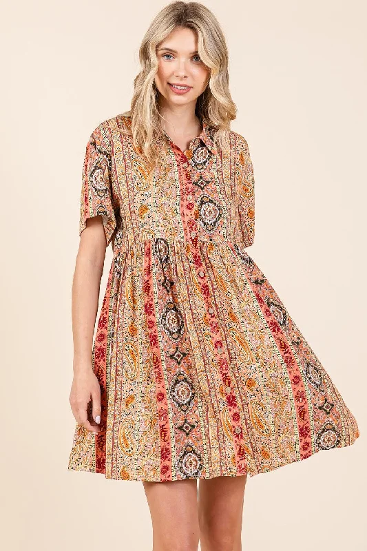 Mittoshop Boho Paisley Striped Print Mini Dress in Rust Multi Trendy Bodycon Mini Dress