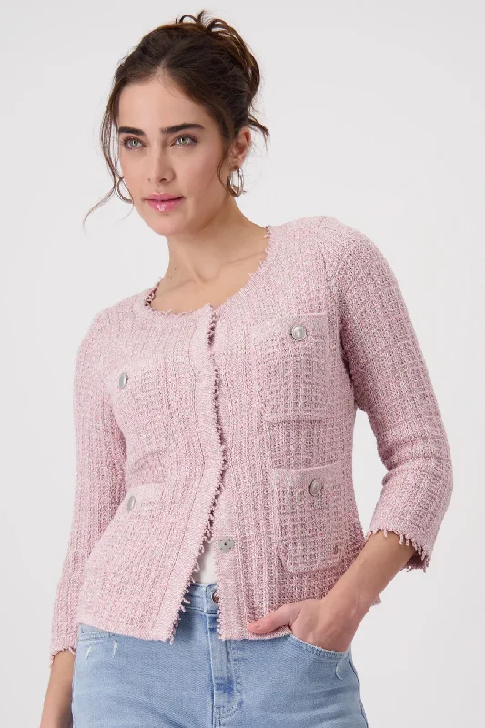 Monari 408482 Pink Smoothie Round Neck Knit Jacket Front Pockets Side Pockets Patch Pockets