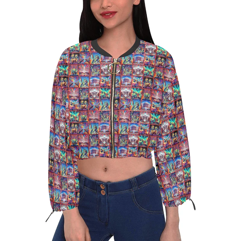 “Monumental Psychedelia” Women's Chiffon Long Sleeve Crop Top Jacket Lace Jacket Ribbed Jacket Sequined Jacket