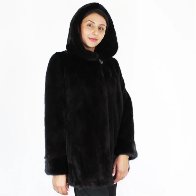 NI Black mink jacket with hood Boat Neck Shawl Collar Notched Collar