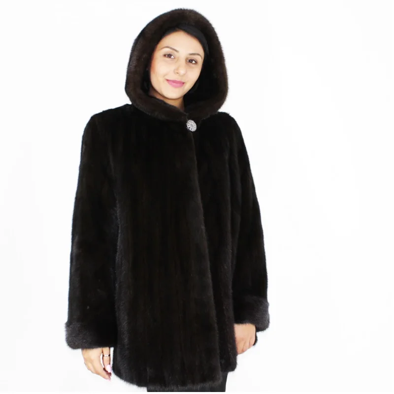 NI Black mink jacket with hood Herringbone Jacket Houndstooth Jacket Plaid Jacket