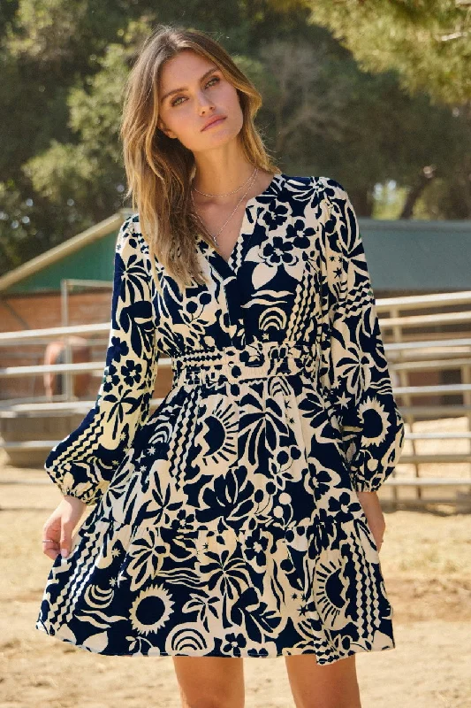 Oddi Tropical Print Mini Dress in Navy White Combo Stylish Sweetheart Mini Dress