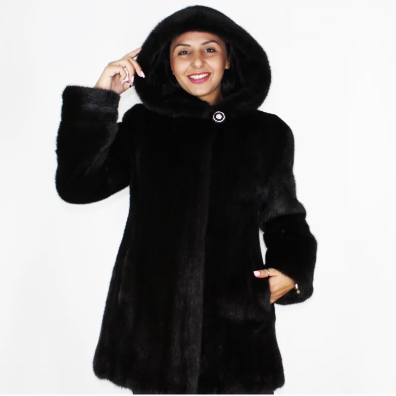 OMIKRON Black mink jacket with hood Print Jacket Jacquard Jacket Patchwork Jacket