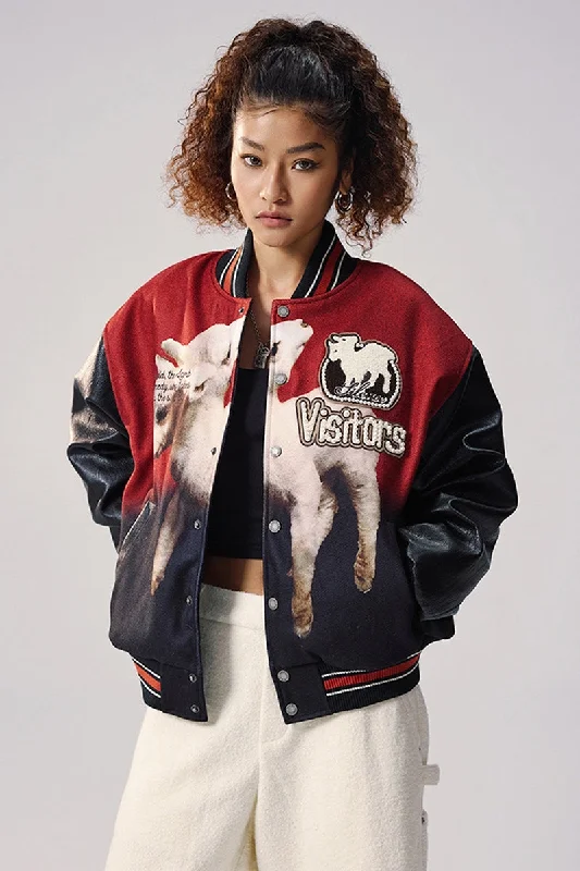Pearl Ram Embroidered Varsity Jacket Zip Front Button Front Snap Front